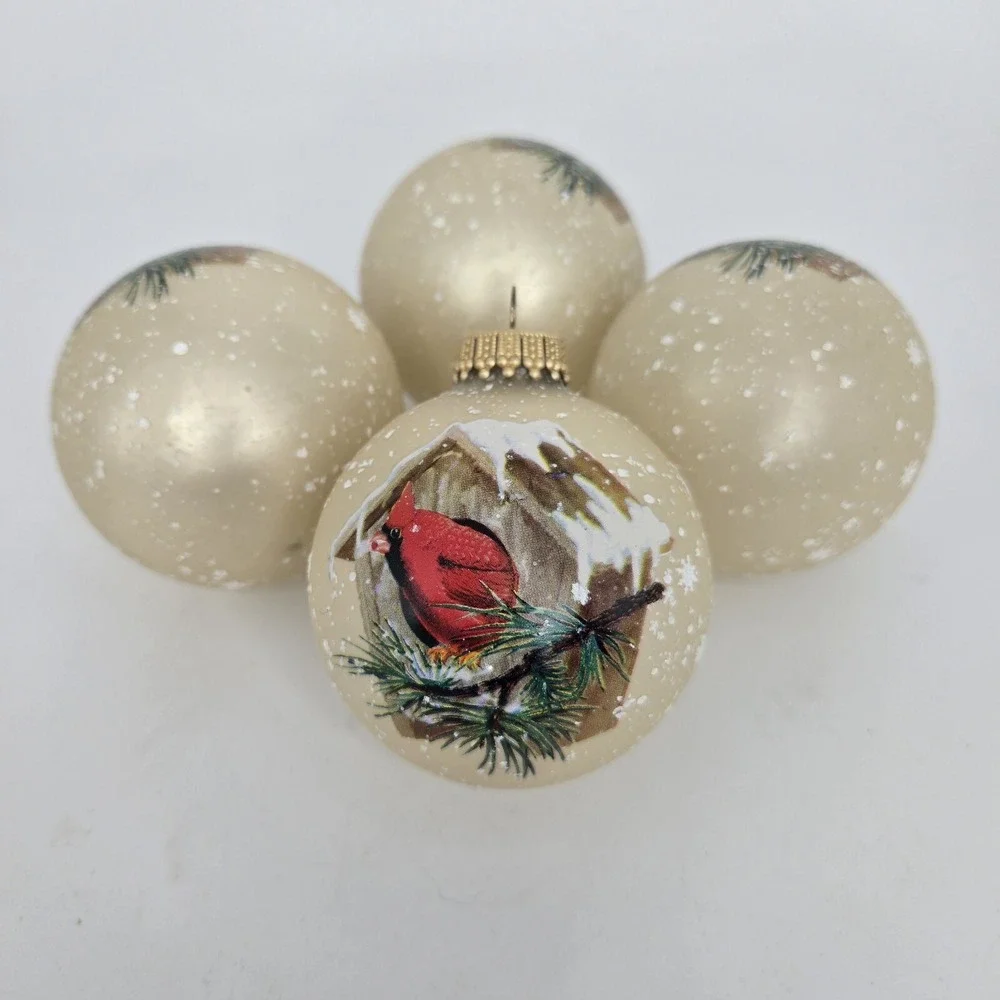 Vtg Christmas 4 Ct Glass Ball Ornaments Winter Snow Red Cardinal‎ Bird House